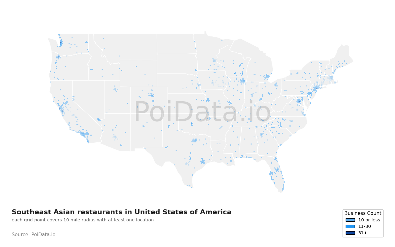 Southeast Asian restaurant density map for United States