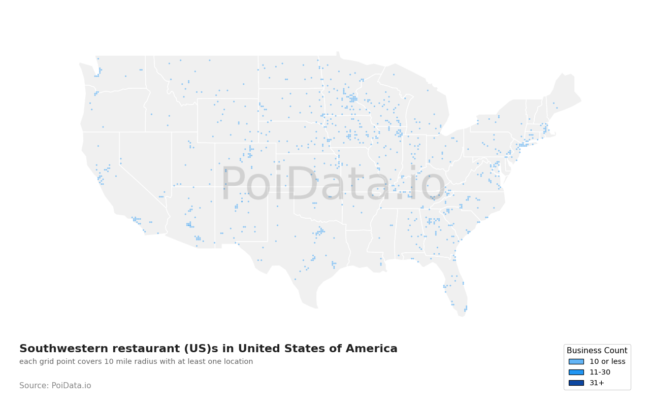 Southwestern restaurant (US) density map for Tennessee, United States