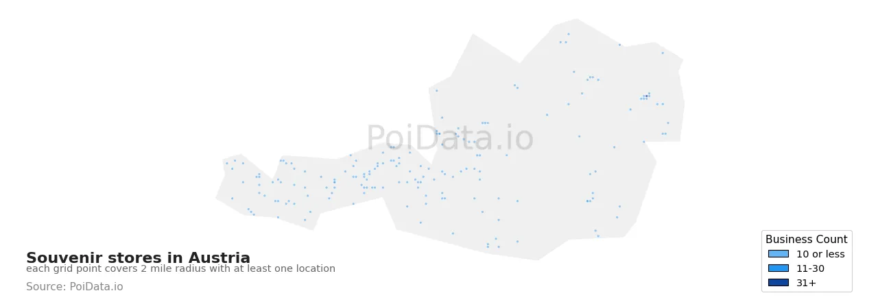 Souvenir store density map for Austria