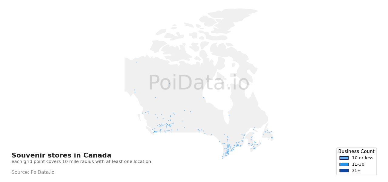 Souvenir store density map for Canada