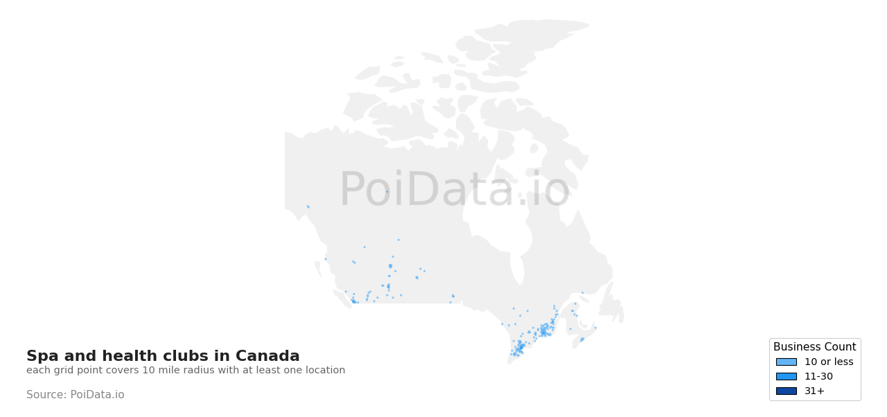 Spa and health club density map for Canada