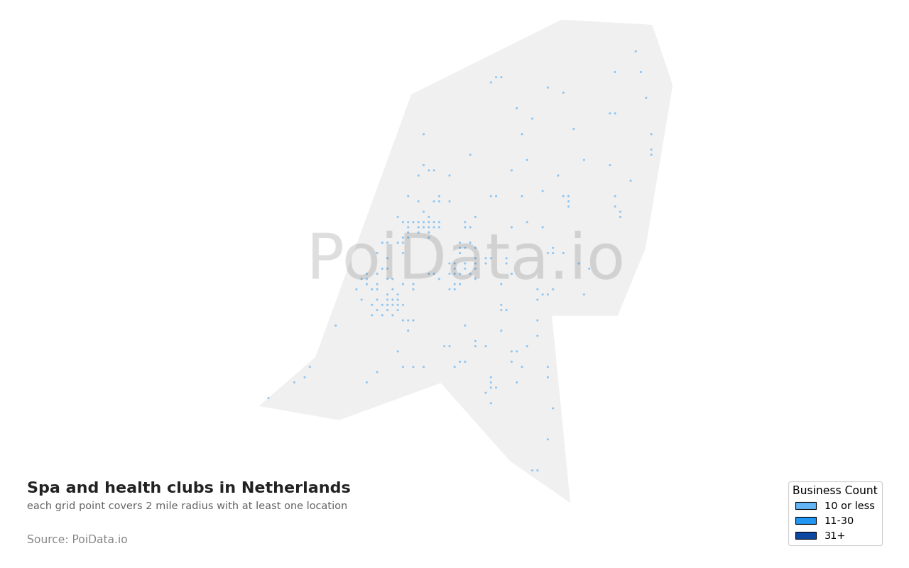 Spa and health club density map for Netherlands