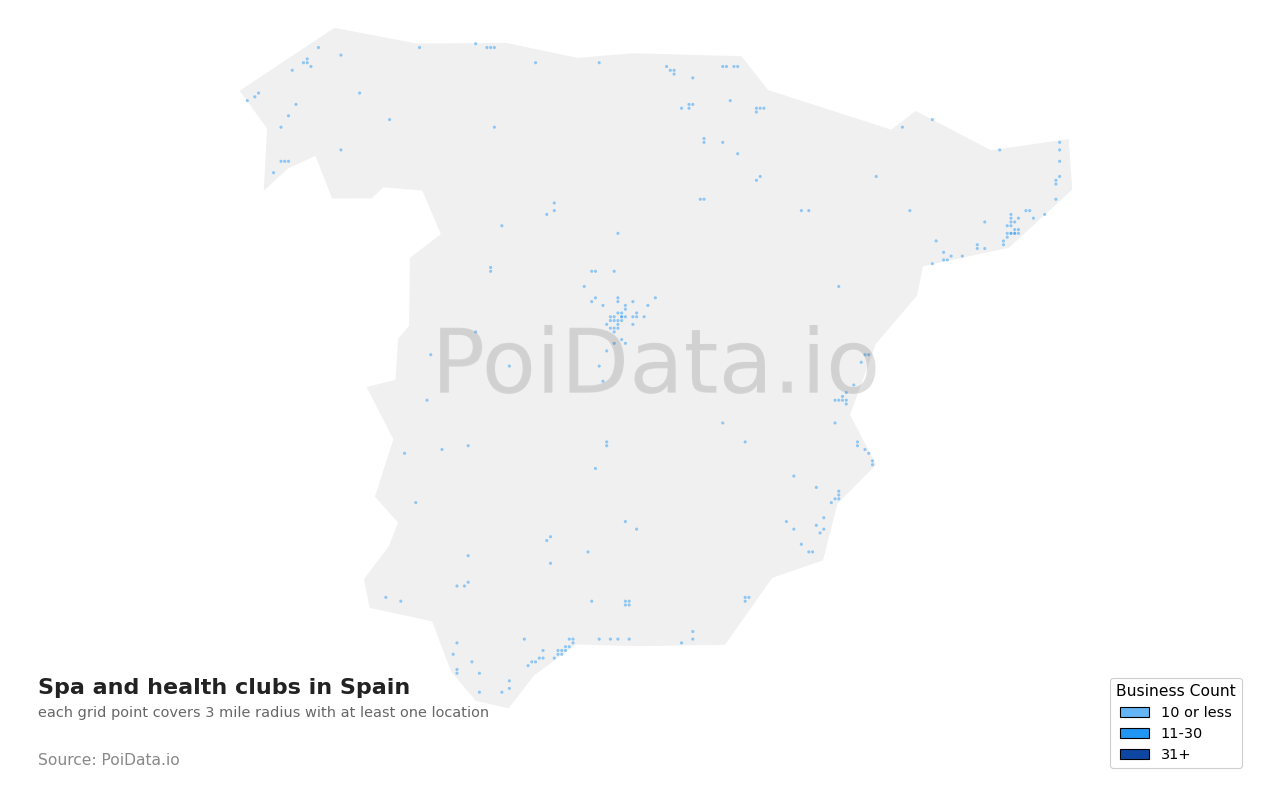 Spa and health club density map for Spain