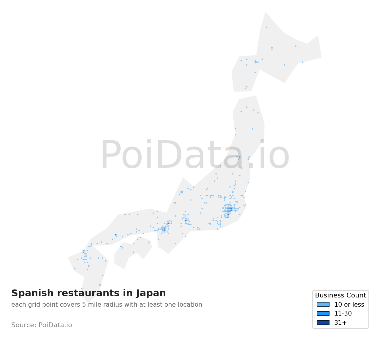 Spanish restaurant density map for Kanagawa, Japan