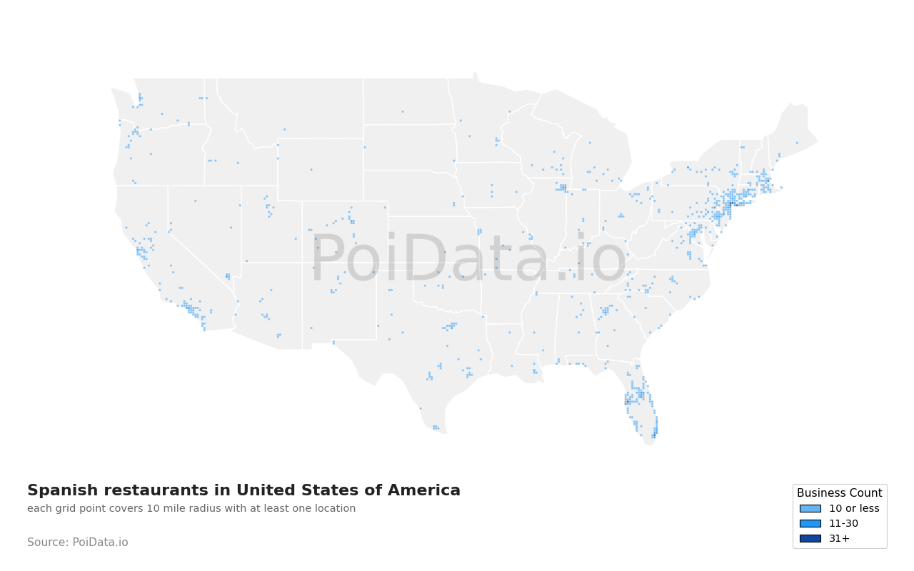 Spanish restaurant density map for Texas, United States