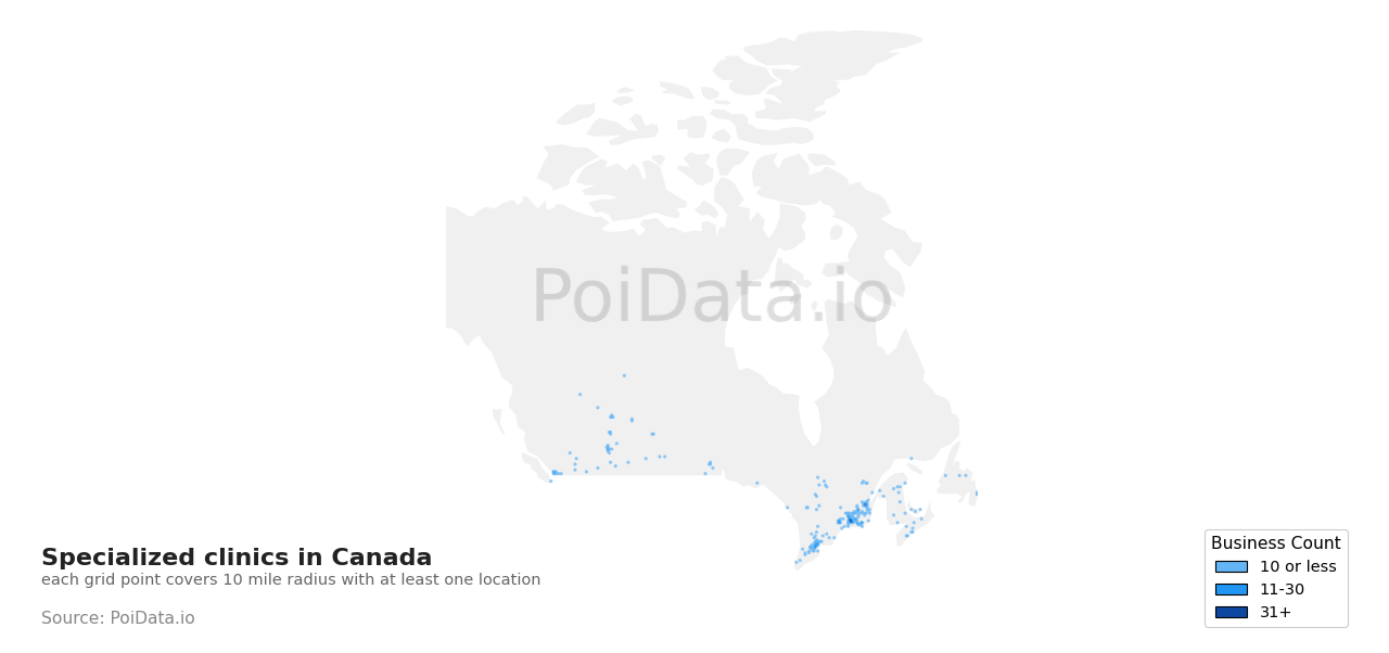 Specialized clinic density map for Canada