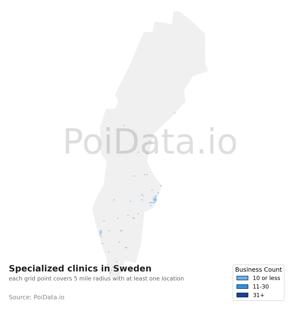 Specialized clinic density map for Sweden