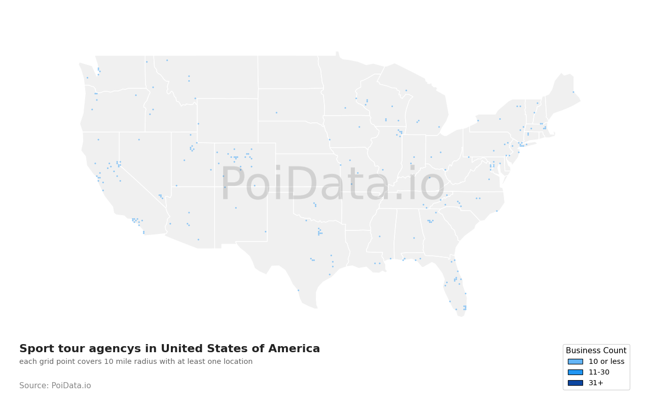 Sport tour agency density map for United States