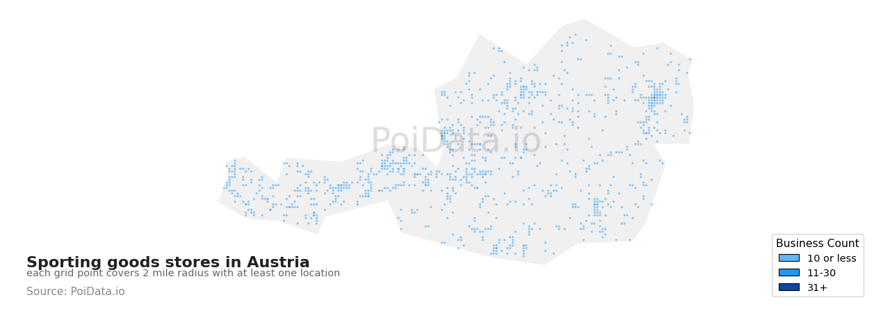 Sporting goods store density map for Austria