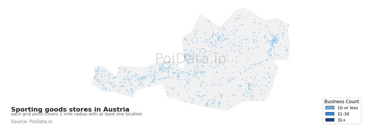 Sporting goods store density map for Austria