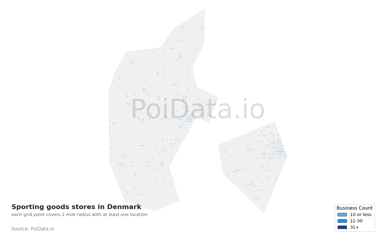 Sporting goods store density map for Denmark