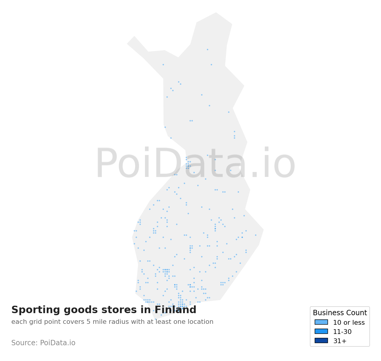 Sporting goods store density map for Finland