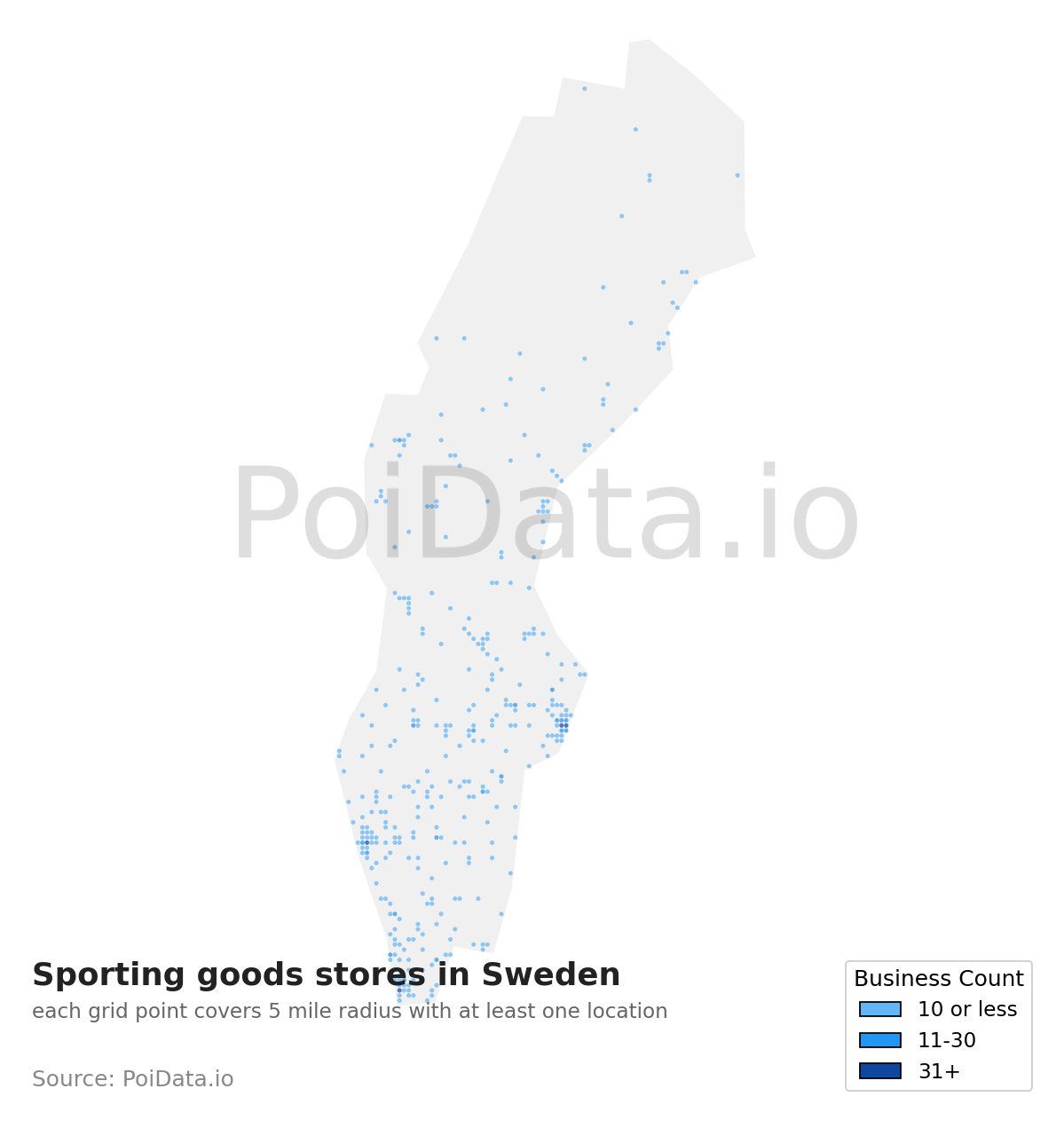 Sporting goods store density map for Sweden