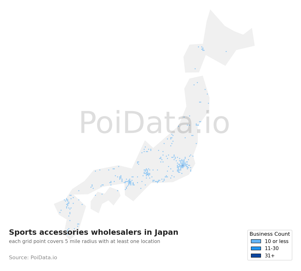 Sports accessories wholesaler density map for Hyogo, Japan