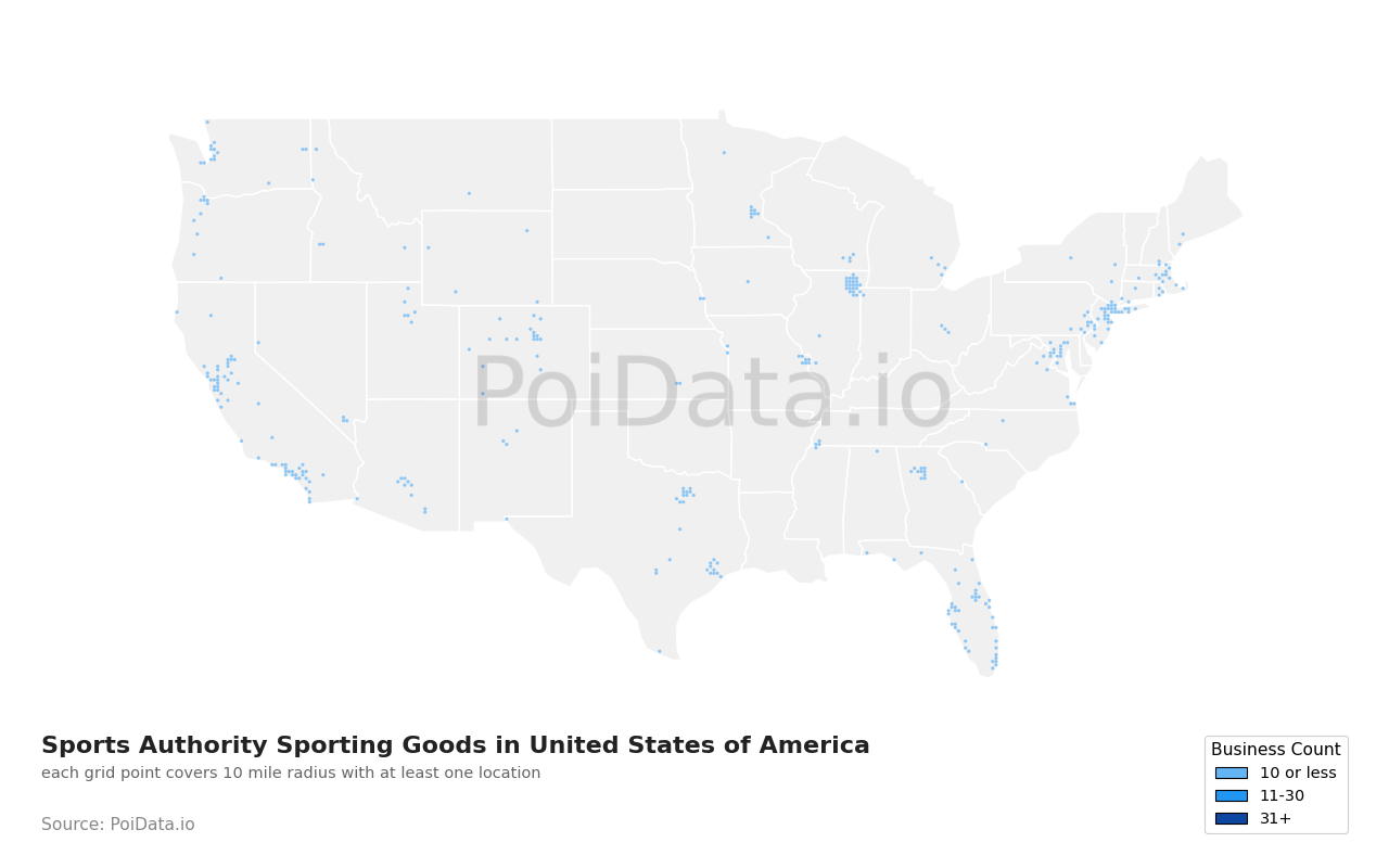 Sports Authority Sporting Goods density map for United States