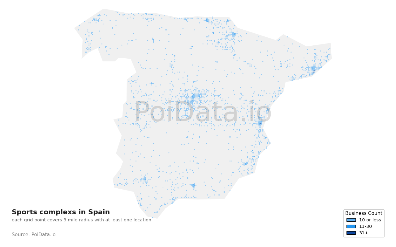 Sports complex density map for Spain