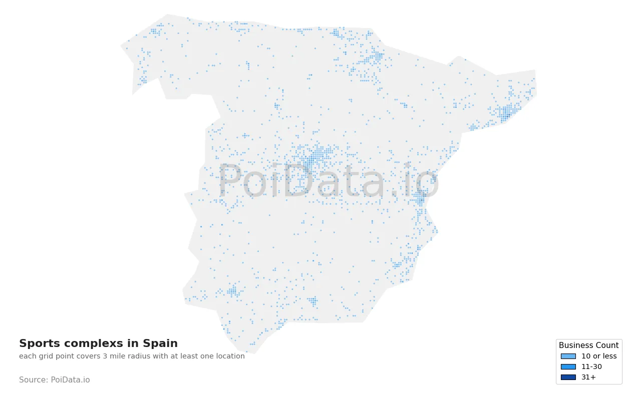 Sports complex density map for Spain