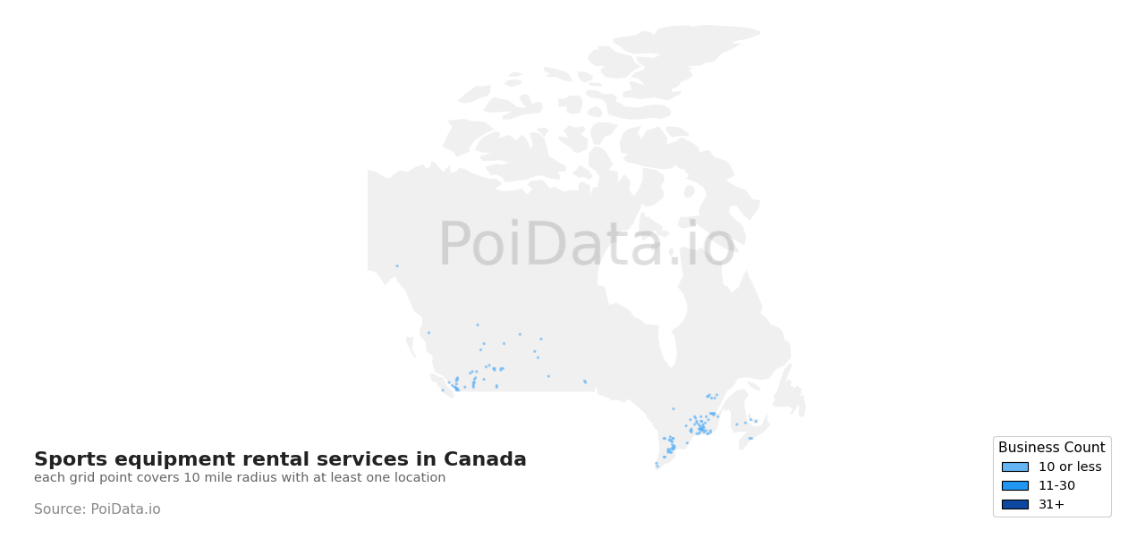 Sports equipment rental service density map for British Columbia, Canada