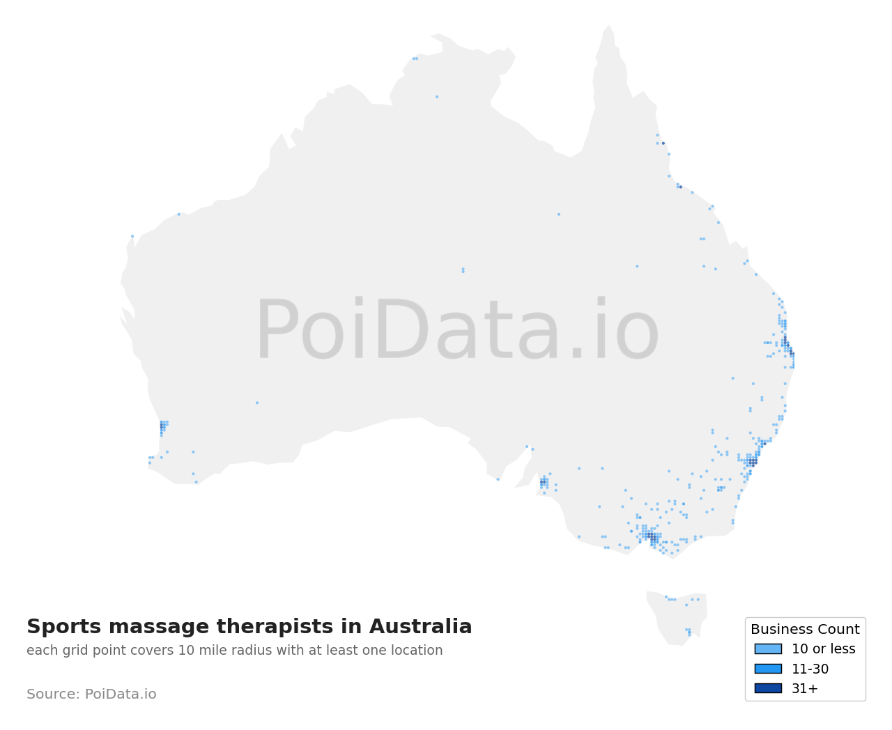 Sports massage therapist density map for Western Australia, Australia