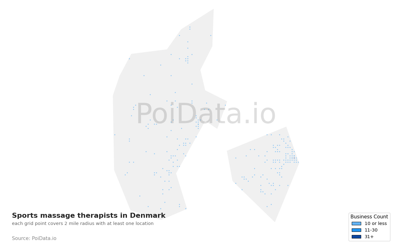 Sports massage therapist density map for Denmark