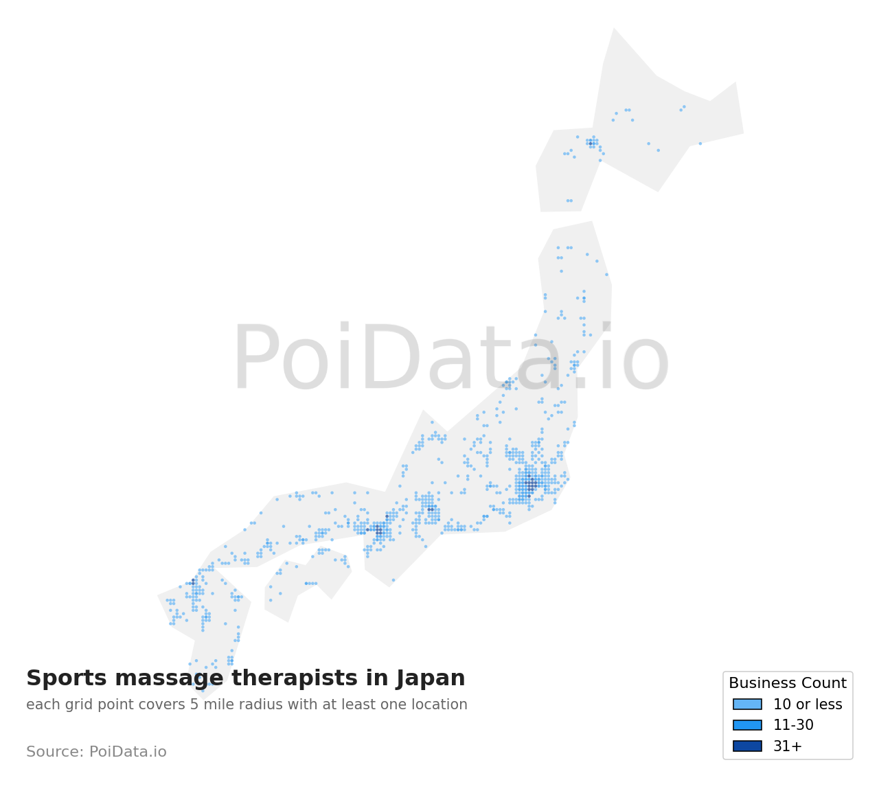 Sports massage therapist density map for Kanagawa, Japan