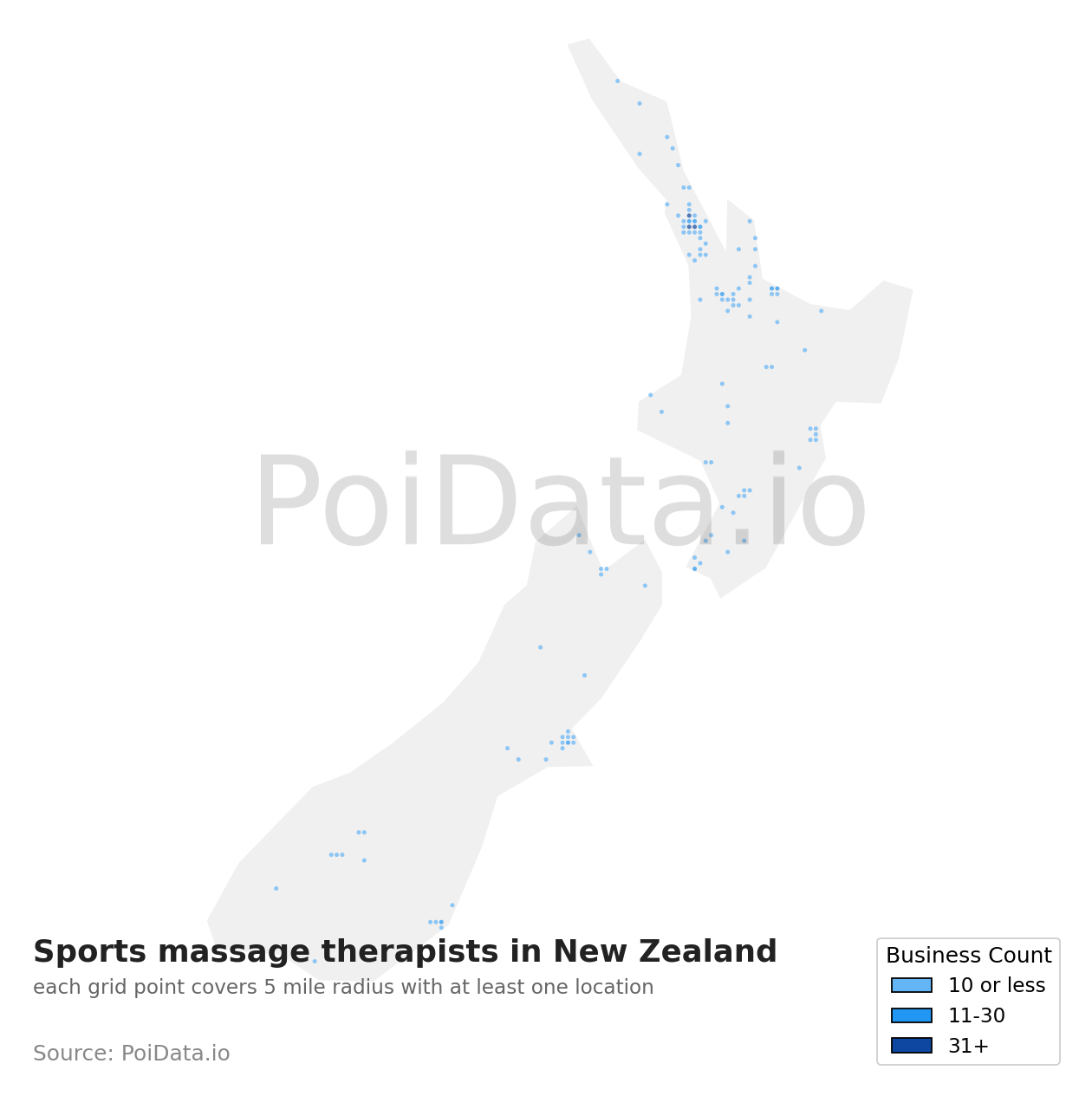 Sports massage therapist density map for New Zealand