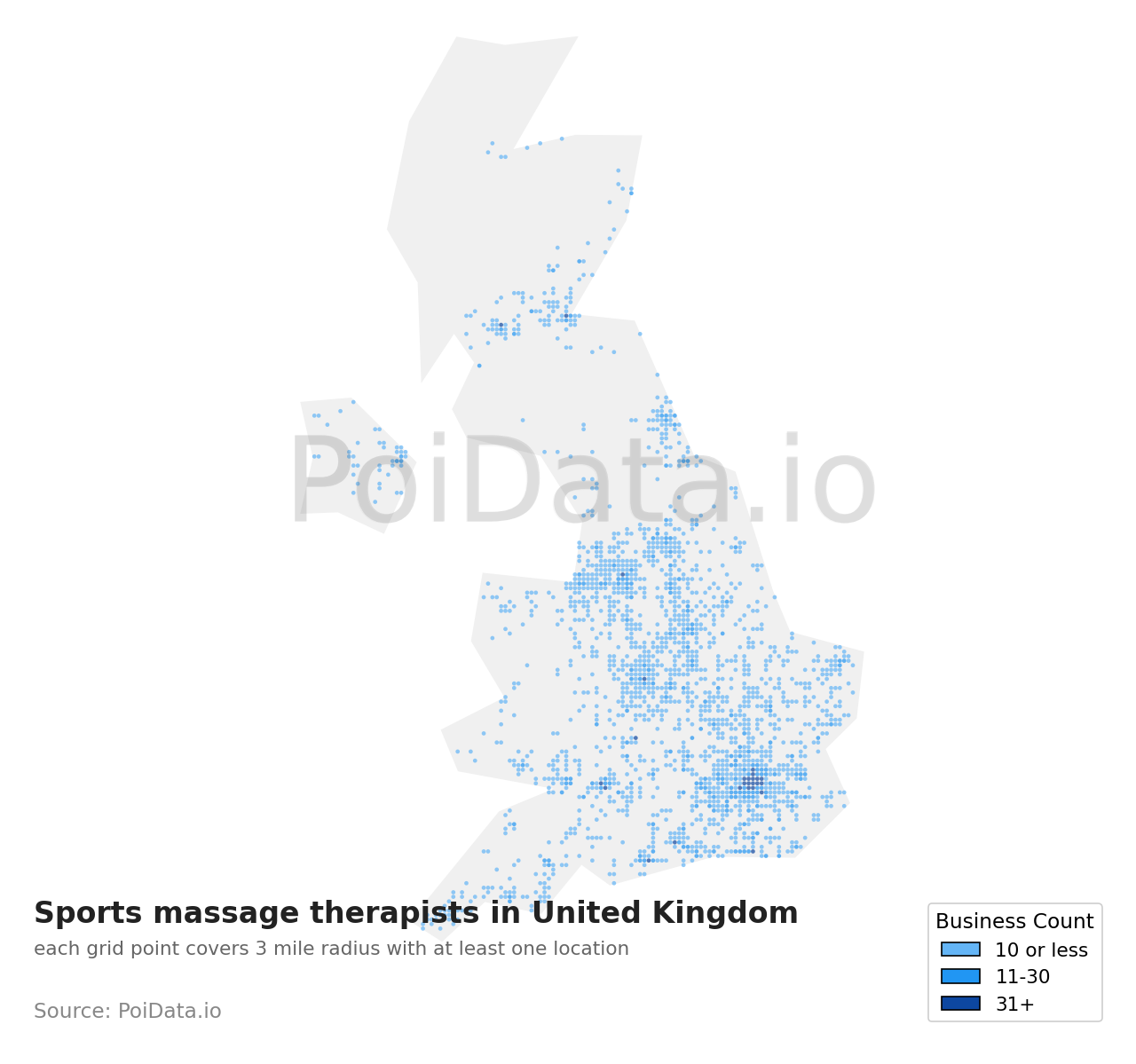 Sports massage therapist density map for United Kingdom