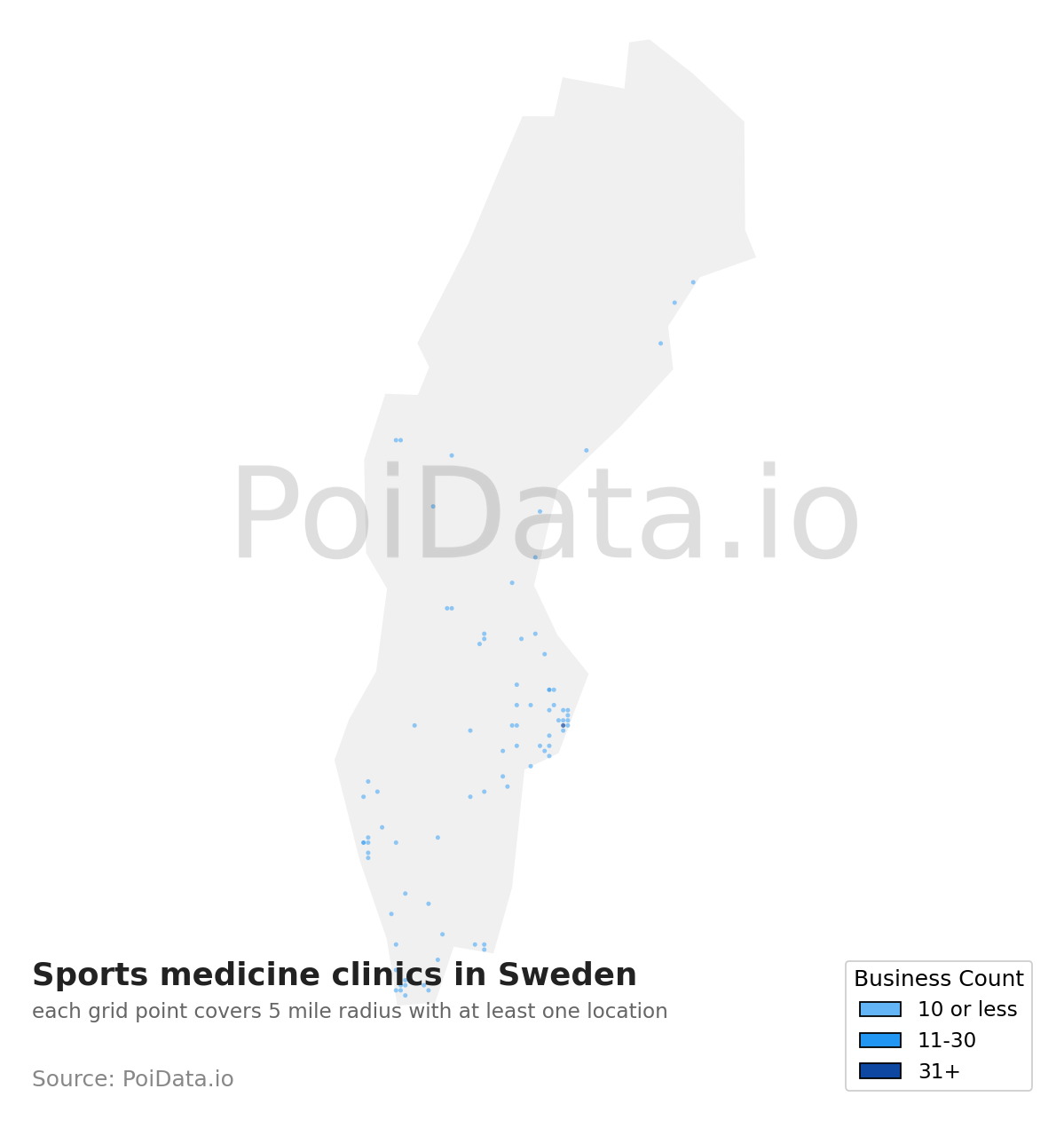 Sports medicine clinic density map for Sweden