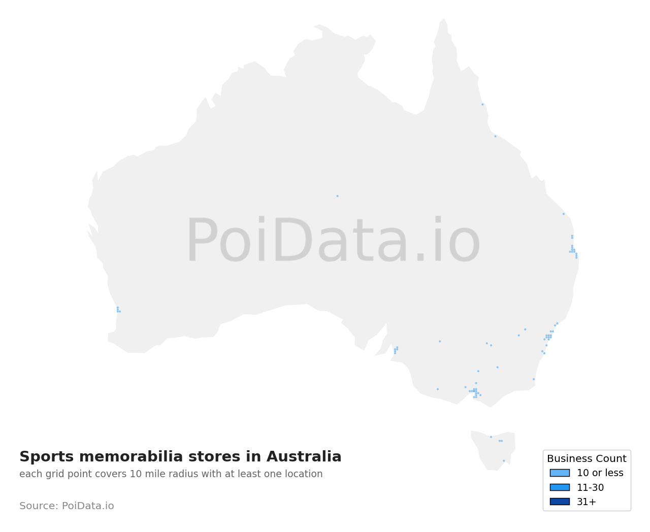 Sports memorabilia store density map for Australia