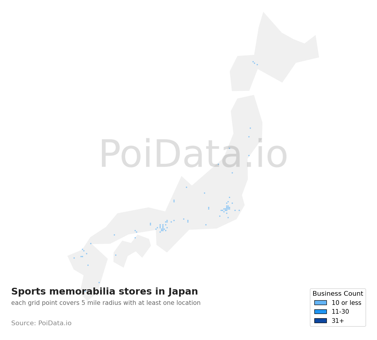 Sports memorabilia store density map for Japan