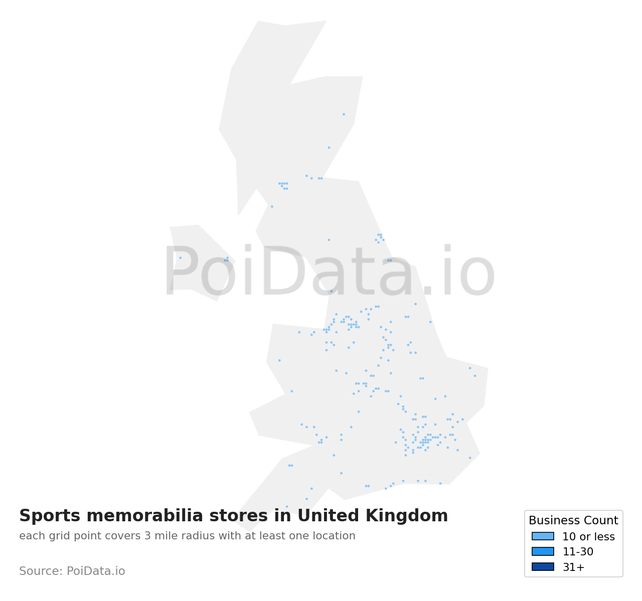 Sports memorabilia store density map for United Kingdom