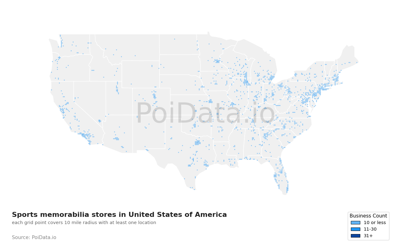 Sports memorabilia store density map for United States