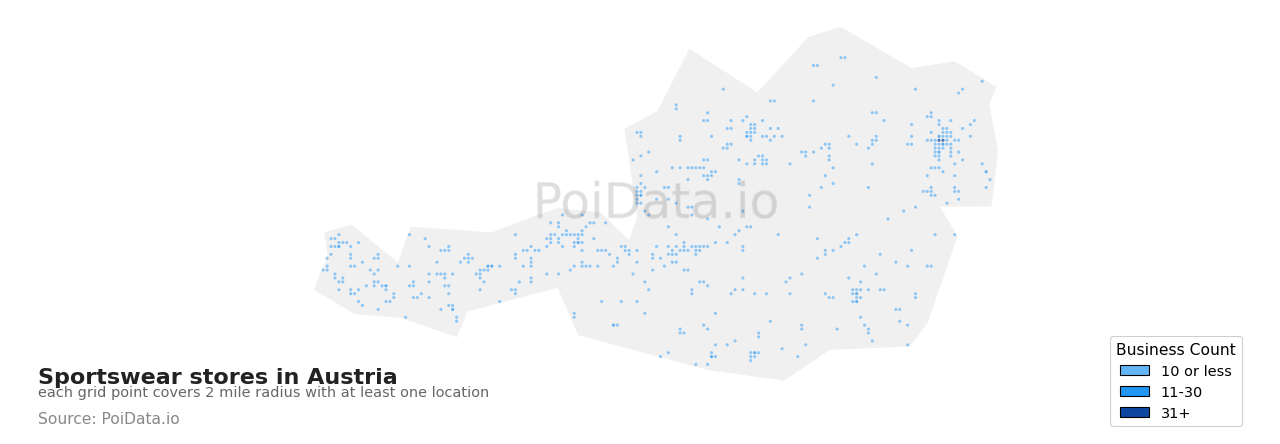 Sportswear store density map for Austria