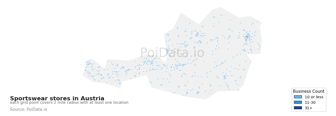 Sportswear store density map for Austria