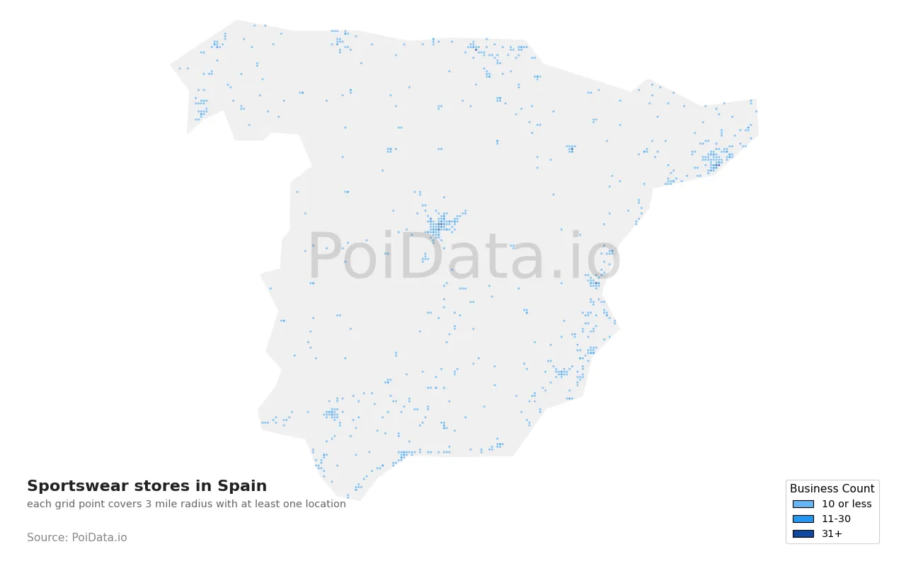 Sportswear store density map for Spain