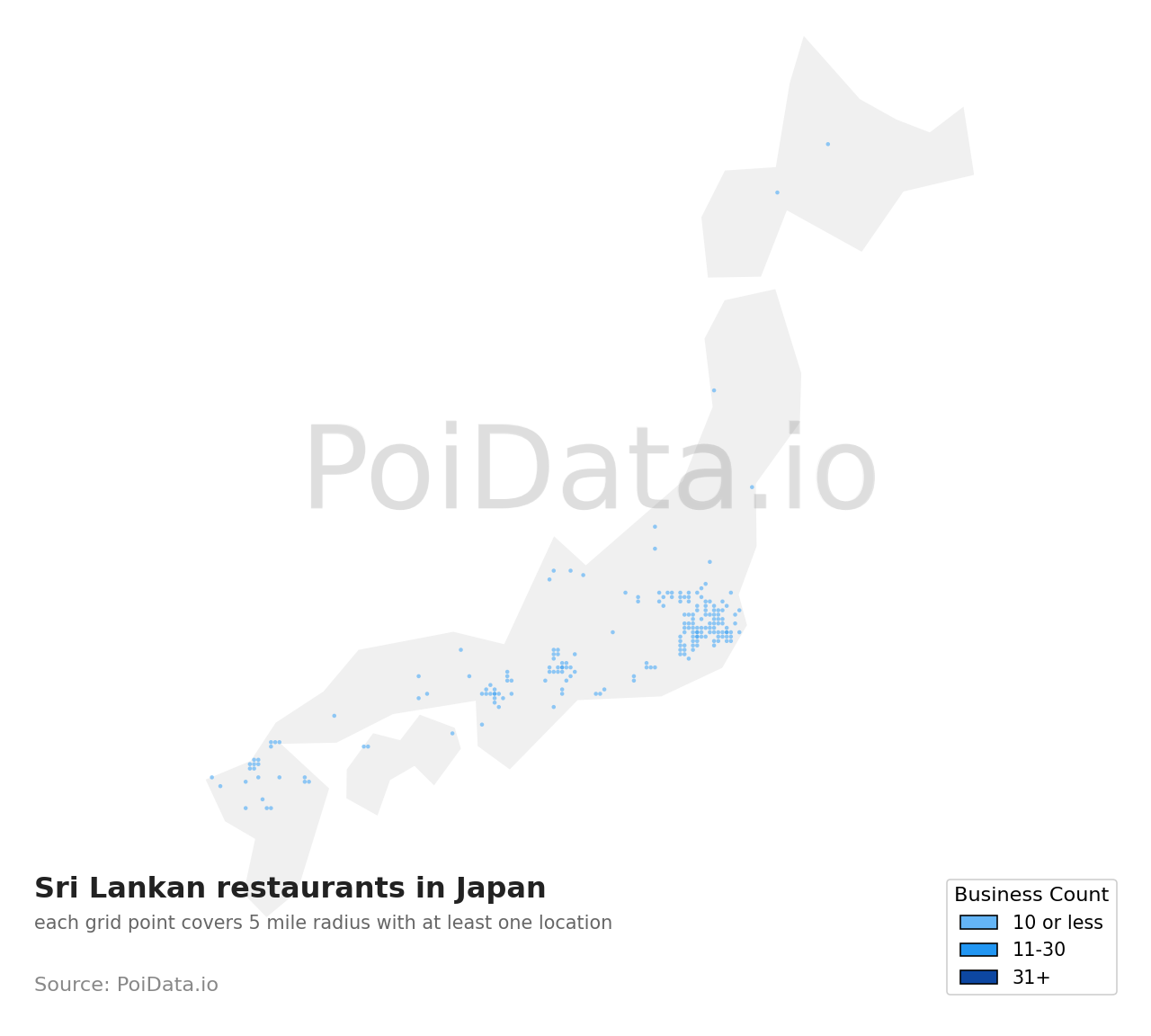 Sri Lankan restaurant density map for Aichi, Japan