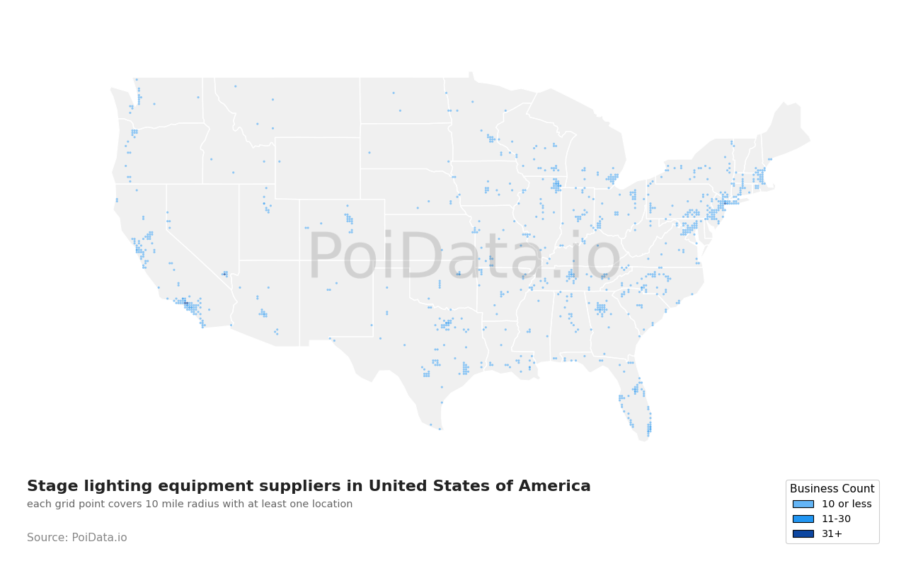 Stage lighting equipment supplier density map for Texas, United States