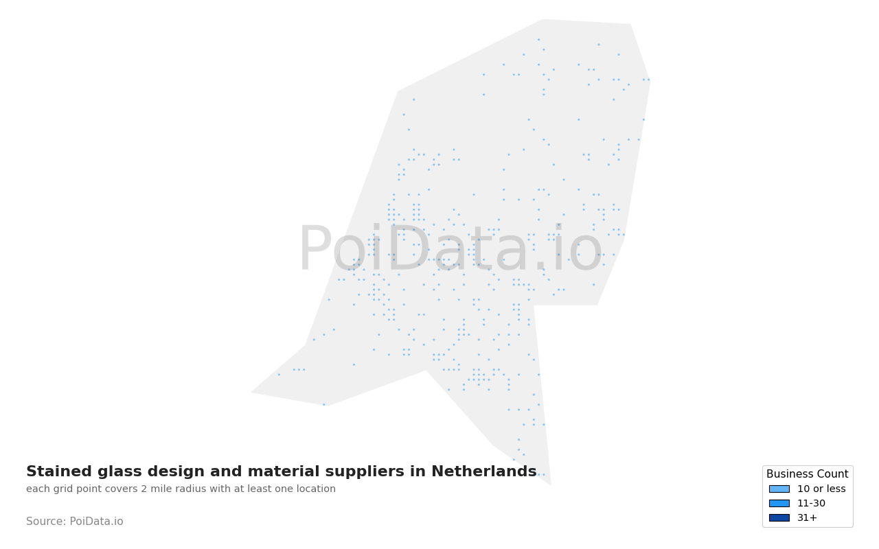 Stained glass design and material supplier density map for Netherlands