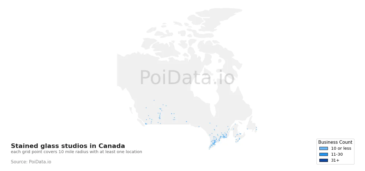 Stained glass studio density map for Canada