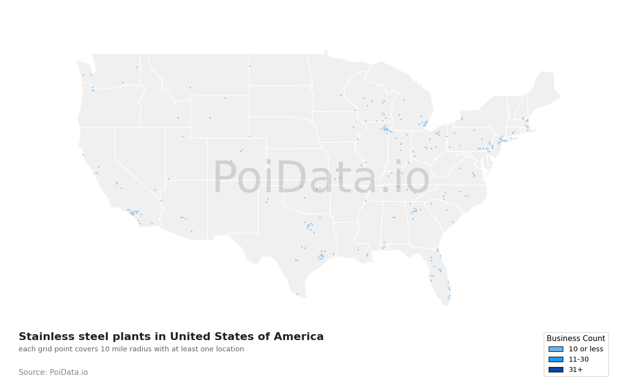 Stainless steel plant density map for Texas, United States