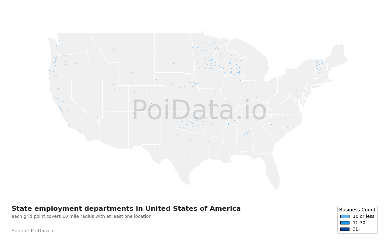 State employment department density map for United States