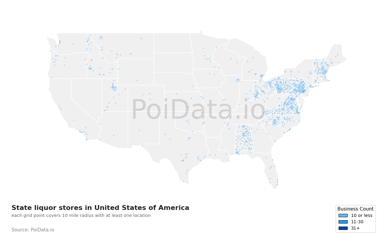 State liquor store density map for United States