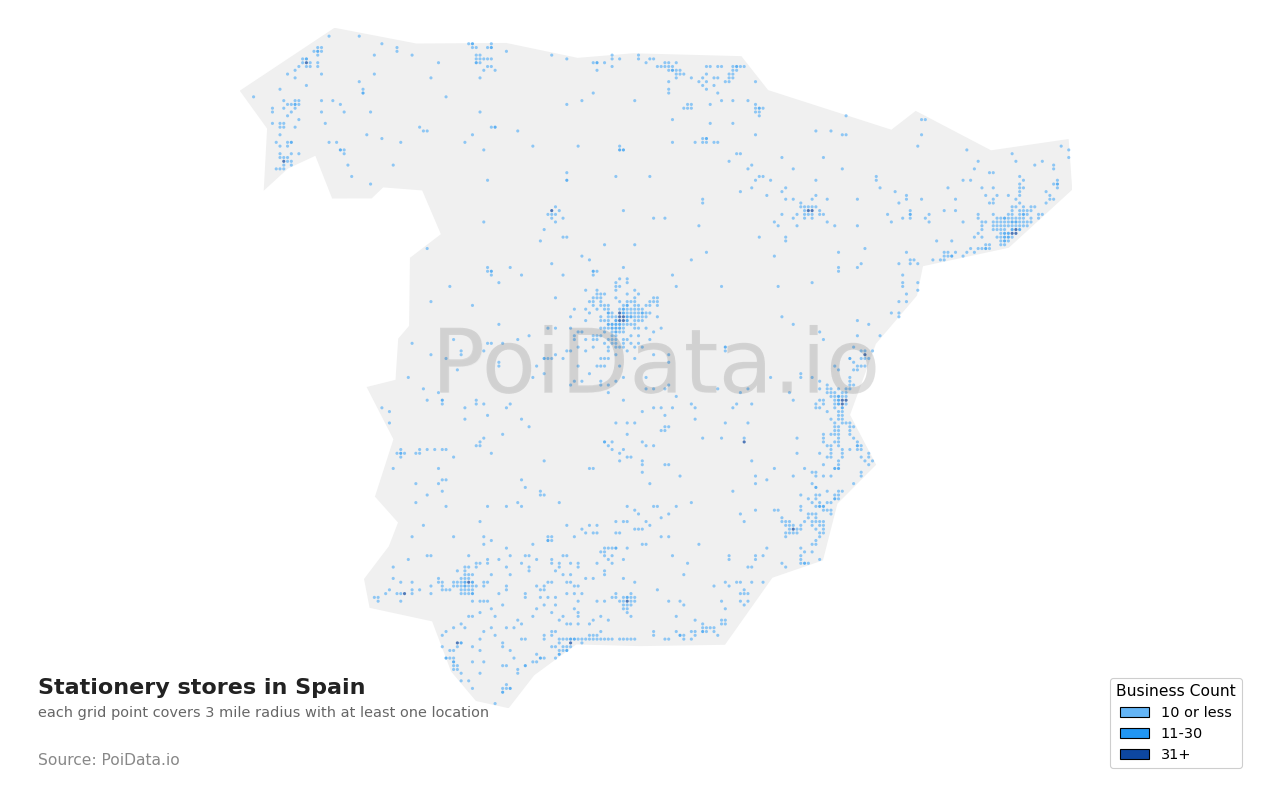Stationery store density map for Spain