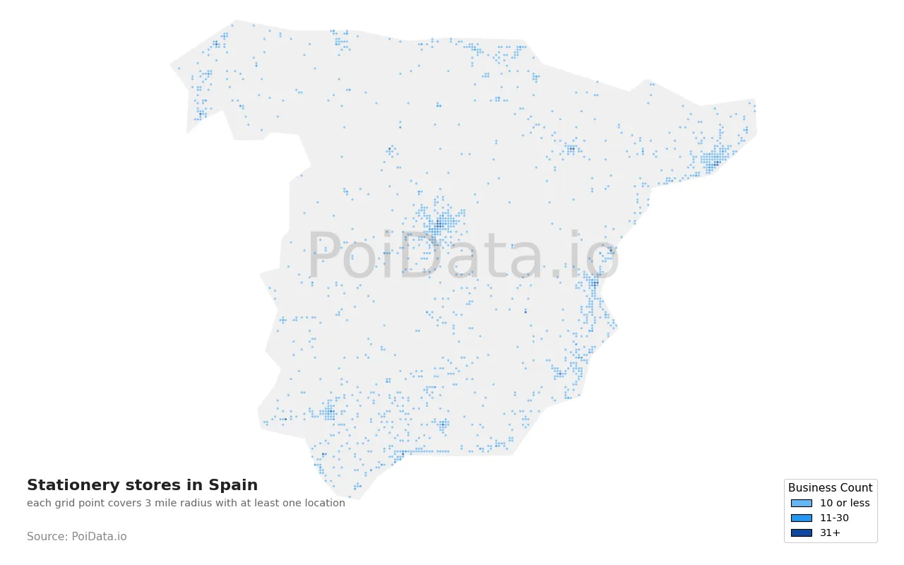 Stationery store density map for Spain