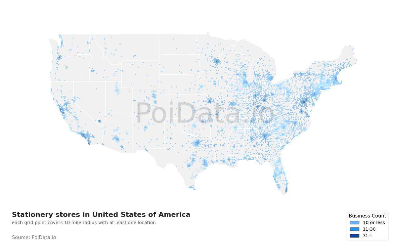 Stationery store density map for United States