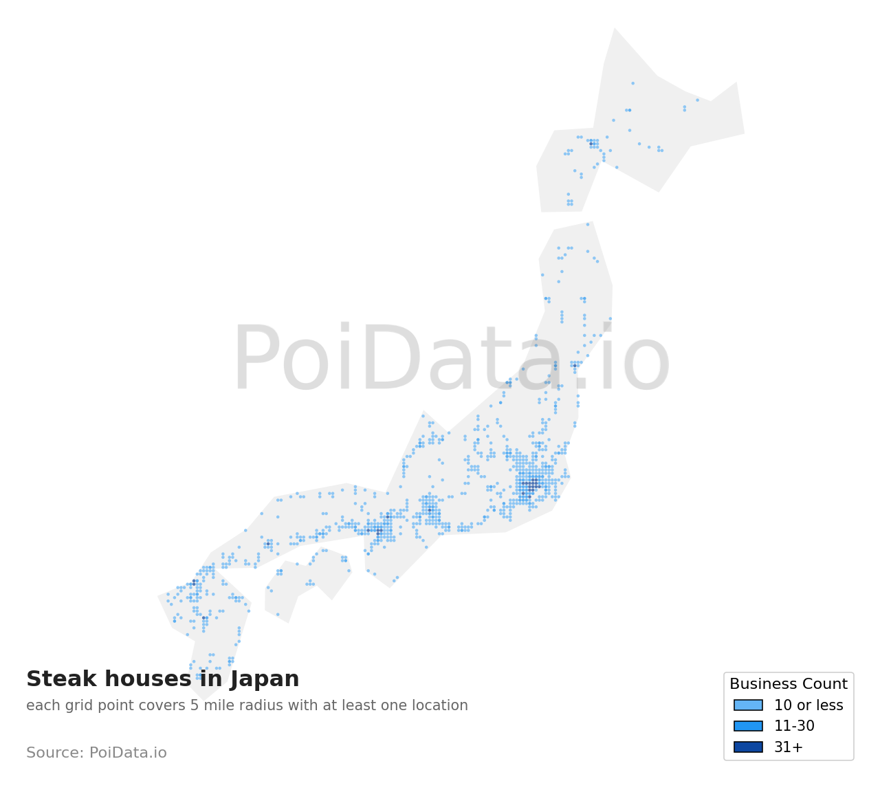 Steak house density map for Japan