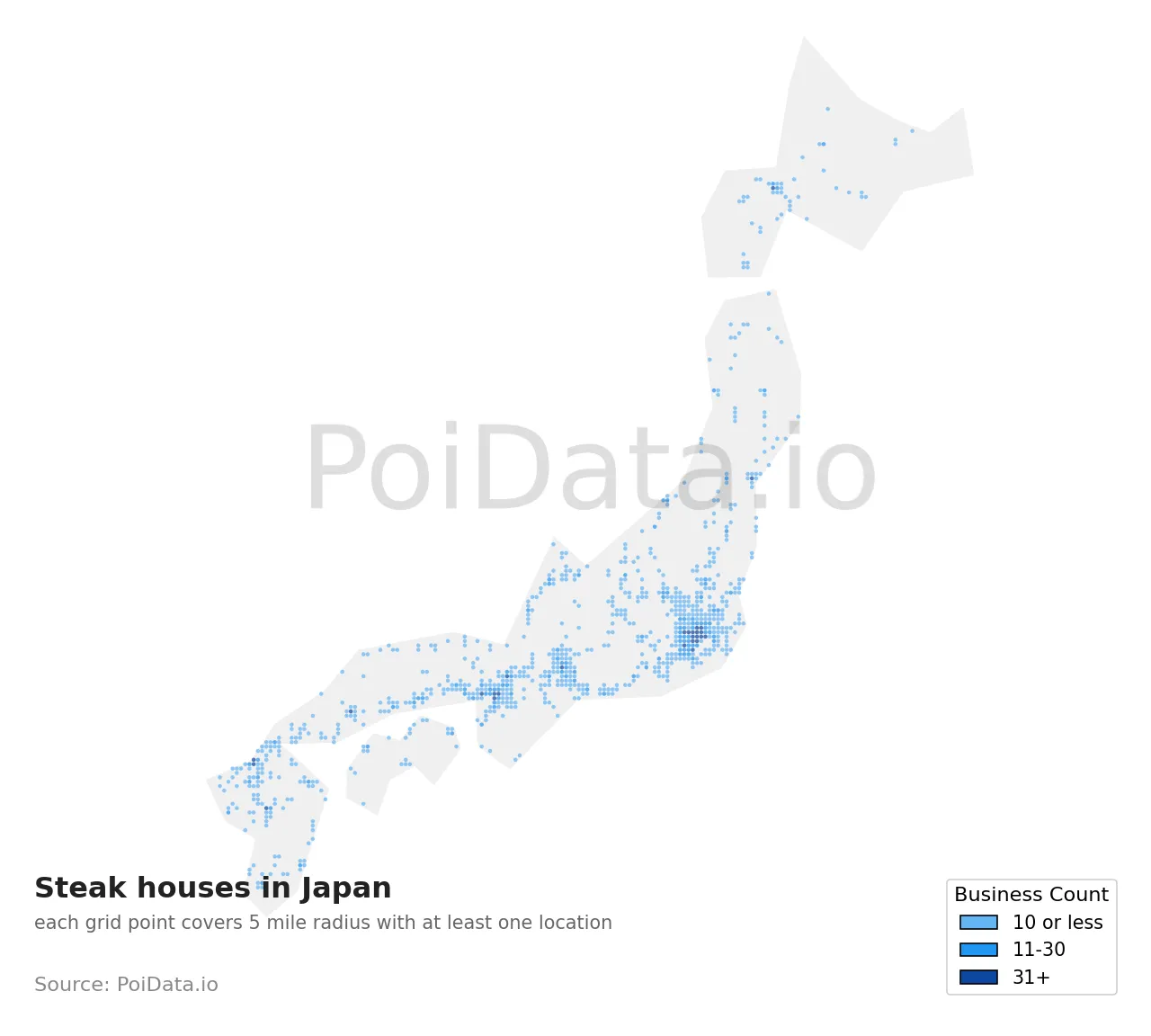 Steak house density map for Japan