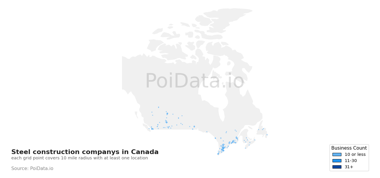 Steel construction company density map for Manitoba, Canada