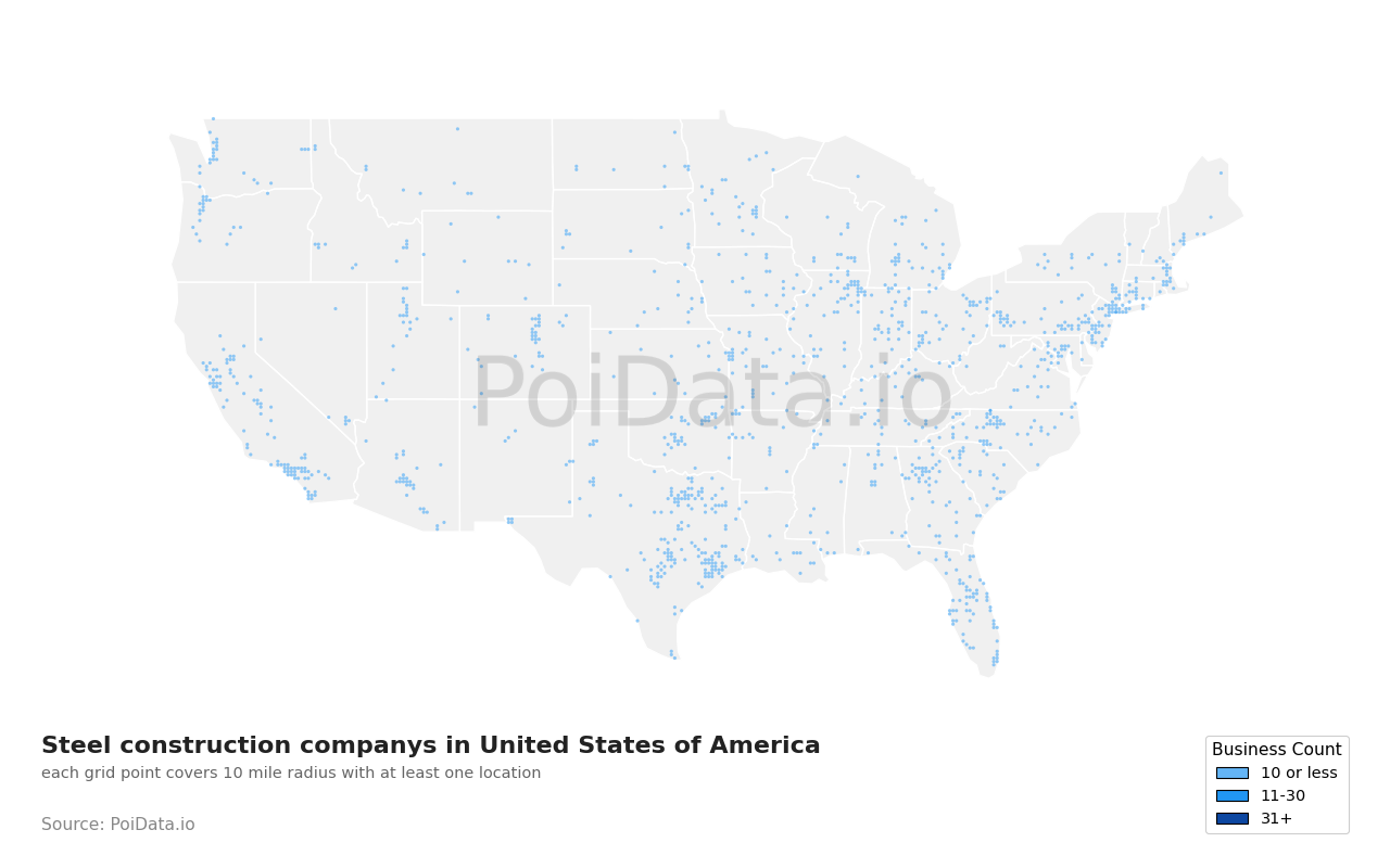 Steel construction company density map for North Carolina, United States