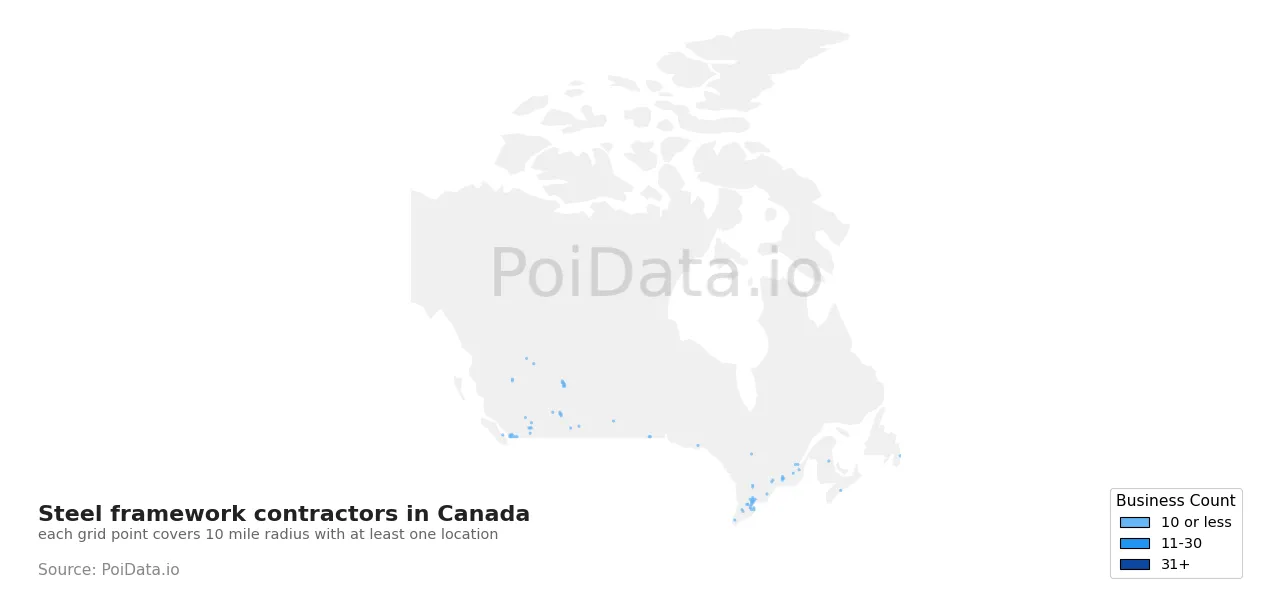 Steel framework contractor density map for Canada